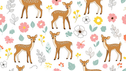 Obraz premium Sweet seamless pattern featuring cute baby deers or fawns frolicking among various colorful flowers and leaf branches on a clean white background.