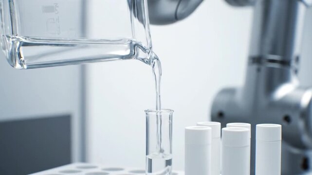 Laboratory Robot Pouring Liquid into Test Tube.