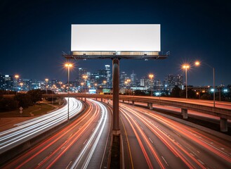 Large horizontal billboard near the night highway. Ai Generative.