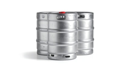 Two shiny metal beer kegs with red tap
