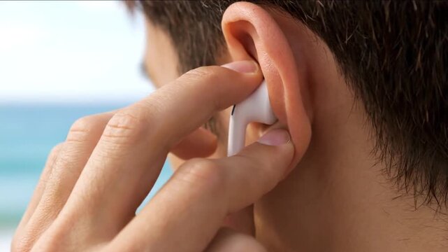 Man Using Wireless Earphones Near Ocean.