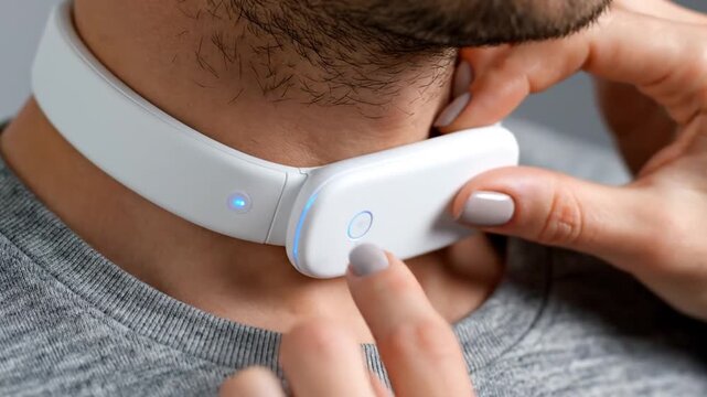 Man Wearing White Neck Device Closeup.
