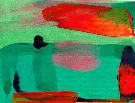 Green and Red Abstract Ink and Acrylic Paint on Paper