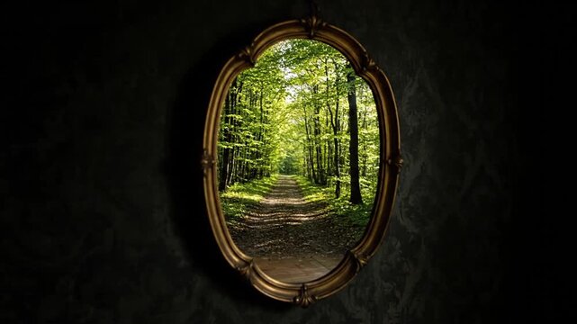 Oval Mirror Reflecting Forest Scene Transition.
