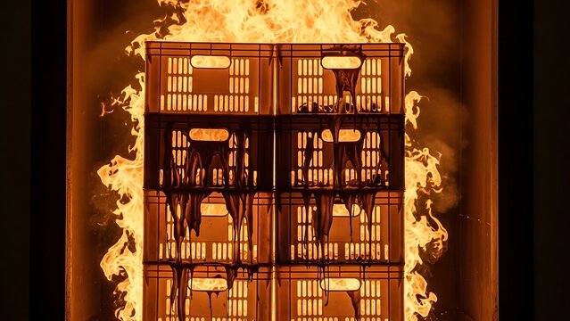 Cages engulfed in flames, prisoners trapped, desperate situation unfolding, intense heat surrounding, dire circumstances prevailing