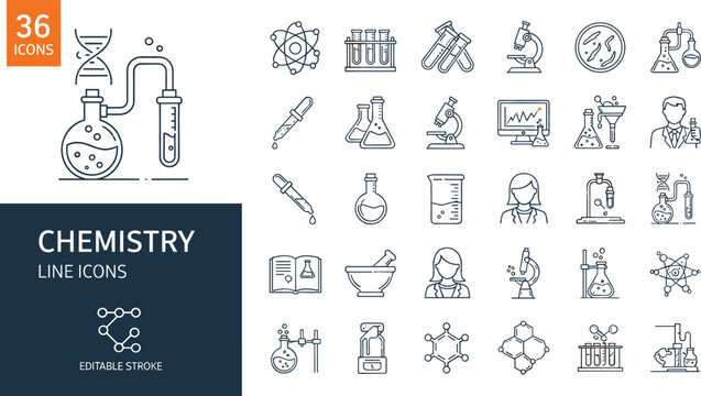 Chemistry and laboratory science line icon set featuring research equipment dna structures microscopes test tubes and scientific experiments