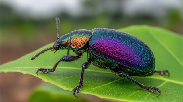 Vibrant Iridescent Beetle Resting on a Bright Green Leaf in Macro Detail