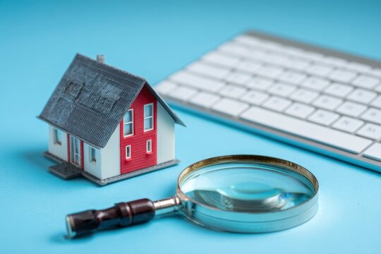 A focused miniature house model, featuring a red and white facade with a grey roof, is prominently displayed on a vibrant blue surface. In the foreground, a classic magnifying glass suggests close exa