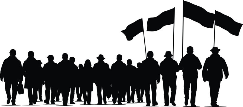 Large crowd of people marching in a protest silhouette with flags for political activism revolution or social demonstration