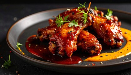 Fototapeta premium Close-up view of cooked chicken wings with sauce and garnish served on plate highlighting texture, color, and appetizing presentation