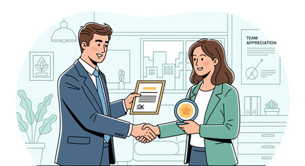 Business professionals shaking hands during award ceremony for team appreciation project