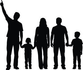 Family group silhouette standing together with parents and children while father points upward to the sky isolated on white background for creative design projects