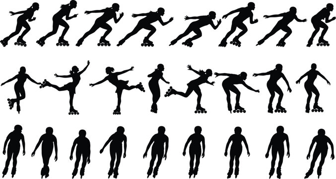 Professional inline skating silhouettes collection featuring athletes speed skating rollerblading dancing and racing in various dynamic active posesProfessional inline skating silhouettes collection f