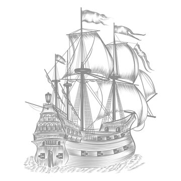 Vintage sailing ship engraving illustration	