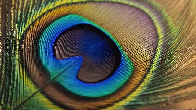 peacock feather close-up with iridescent eye pattern and vibrant colors