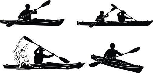 Kayaker and canoe paddling silhouettes on water in black vector illustration isolated on light background for outdoor adventure and sport   © Shoentesh