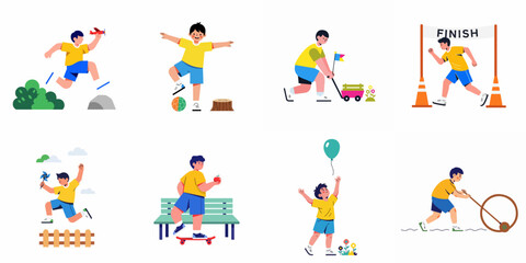 A boy engaging in various outdoor activities and playing games, illustrating childhood fun, an active lifestyle, and imaginative play. © Muqodimatul