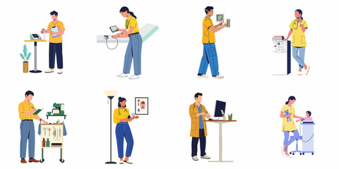 Fototapeta premium Healthcare professionals perform medical examinations, utilize diagnostic equipment, manage records, and provide patient care in diverse clinical settings, showcasing modern medical practice.