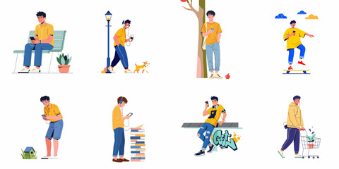 Fototapeta premium Young Men with Smartphones and Headphones: Daily Life Activities, Digital Connectivity, and Modern Youth Culture Illustrations.