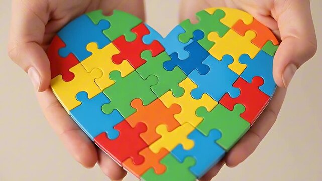 Hands holding a colorful heart made of puzzle pieces with an infinity symbol below, autism awareness, neurodiversity support, inclusion concept.
