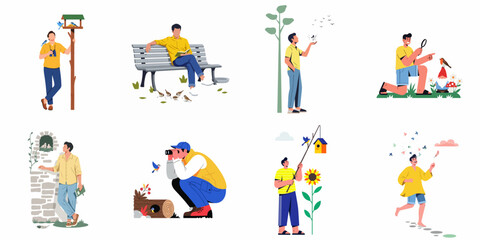 Fototapeta premium Illustrations of people enjoying nature, birdwatching, feeding, and observing birds in diverse outdoor settings, showcasing connection with wildlife.