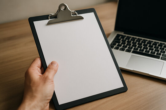 Hand Holding Blank Clipboard with Laptop on Wooden Desk Mockup