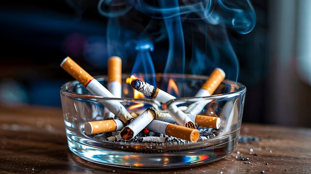 Cigarette butts with smoke in glass ashtray on wooden table for addiction and health risk concept