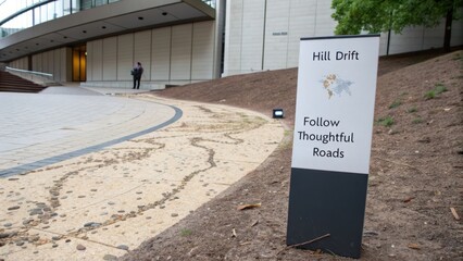 Hill Drift Signage Near Building Pathway Promoting Thoughtful Roads and Exploration in Natural Environment