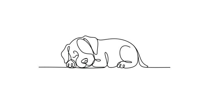 A simple line art illustration of a small puppy sleeping peacefully on the ground, curled up in a cute pose.