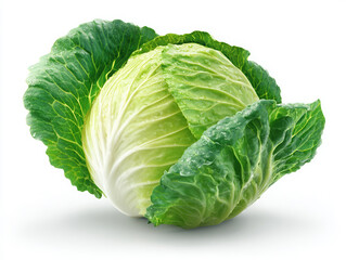 Fototapeta premium A whole fresh vibrant green cabbage head covered with glistening water droplets isolated against a pure white background
