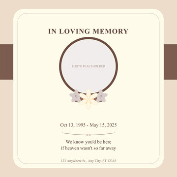 Minimalist funeral program card template with floral circle frame