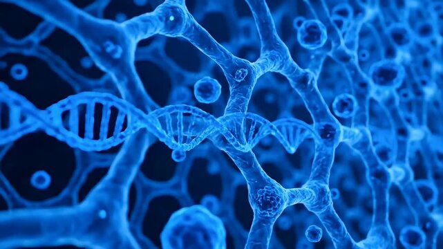 Blue abstract representation of DNA double helix and cellular network structures.