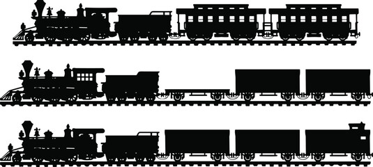 Vintage steam locomotive train silhouette set with passenger and freight wagons on railway tracks for historical transportation industrial revolution and classic rail travel design © MstNasrin