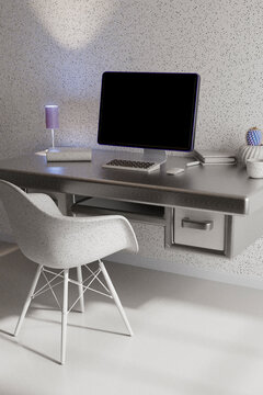 Close-Up of Modern Floating Desk with Computer Setup