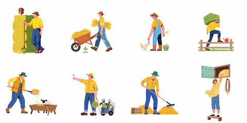 Fototapeta premium A collection of illustrations featuring farmers performing various agricultural tasks, including hay handling, animal care, and farm work in rural settings.