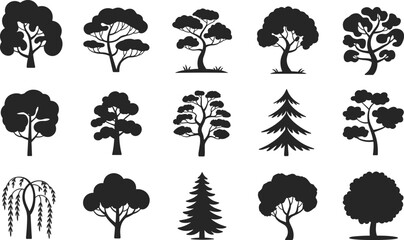 Tree silhouettes collection in black vector illustration isolated on light background featuring various forest, park and decorative tree shapes for landscape design