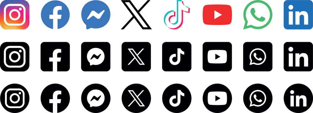 Social media network set and contact 2026 in black style in round square and circle