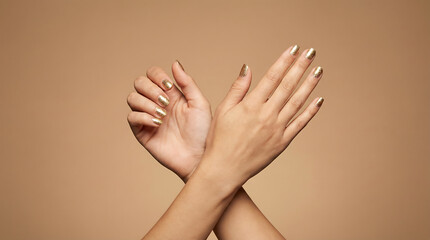 A hand gesture with crossed fingers and palms facing outward in an isolated pose on a plain background