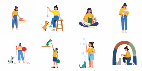 Fototapeta premium Diverse Women and Their Cats: Daily Life, Play, and Affection with Feline Companions
