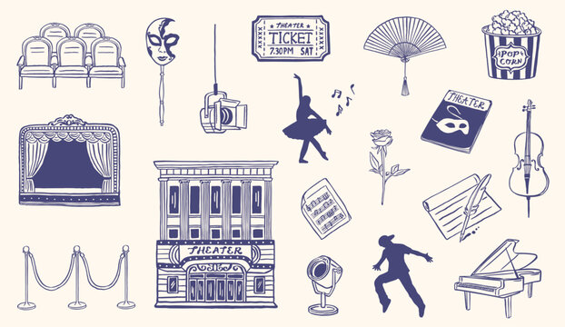 theater cinema vintage old elements doodle sketch drawing vector illustration collection set