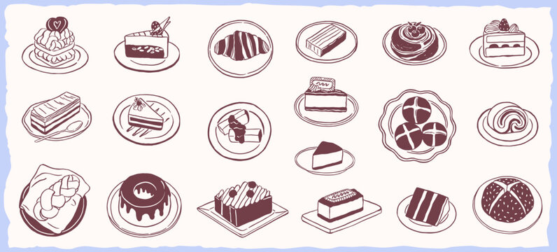 cake bread pastry on a plate hand drawing sketch illustration - vector doodle collection set