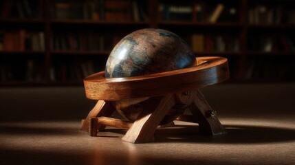 Exquisite antique globe resting on a polished wooden stand in a library setting