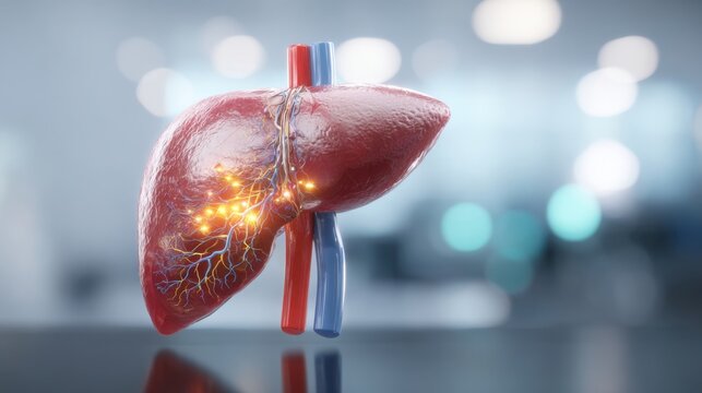 Detailed Human Liver Anatomy with Glowing Vascular Network, Medical Science Illustration