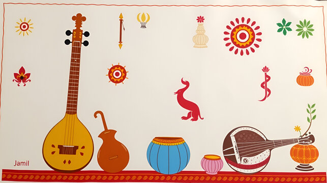 Traditional Indian Instruments and Cultural Symbols.