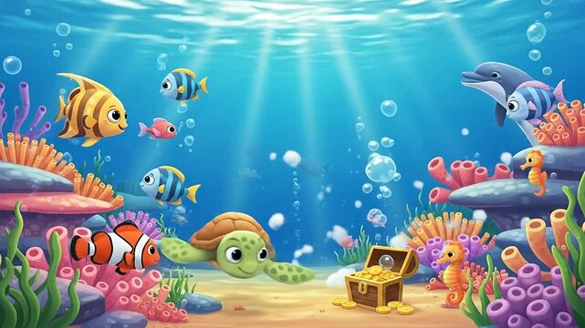 Colorful cartoon underwater scene with happy marine animals swimming among coral reef and treasure chest