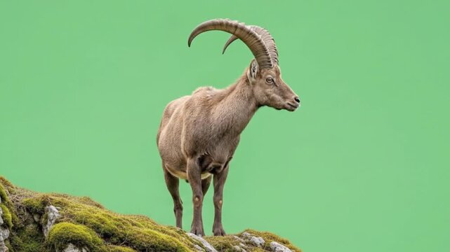 Wild Alpine Ibex Standing on Rocky Cliff with Curved Horns Against Green Screen Background