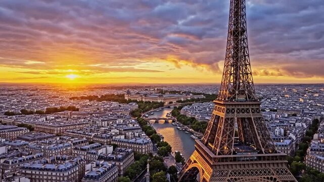 Stunning Aerial View of the Eiffel Tower at Sunset in Paris, France, Captivating Beauty