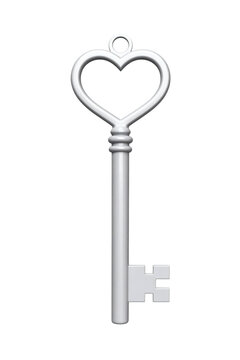A gleaming white antique skeleton key featuring a large heart shape at the top for the handle representing love and access&nbsp;&nbsp;