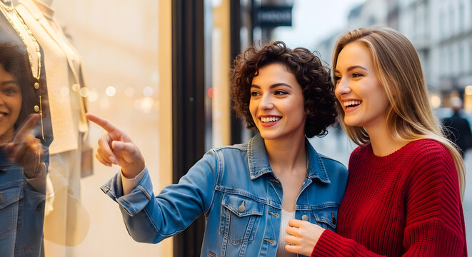 Two happy female friends smiling and pointing at a stylish mannequin display while walking past a luxury clothing shop during their weekend city outing