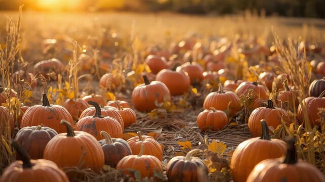 Pumpkin field autumn harvest at golden sunset warm seasonal pumpkin patch with cozy fallen leaves